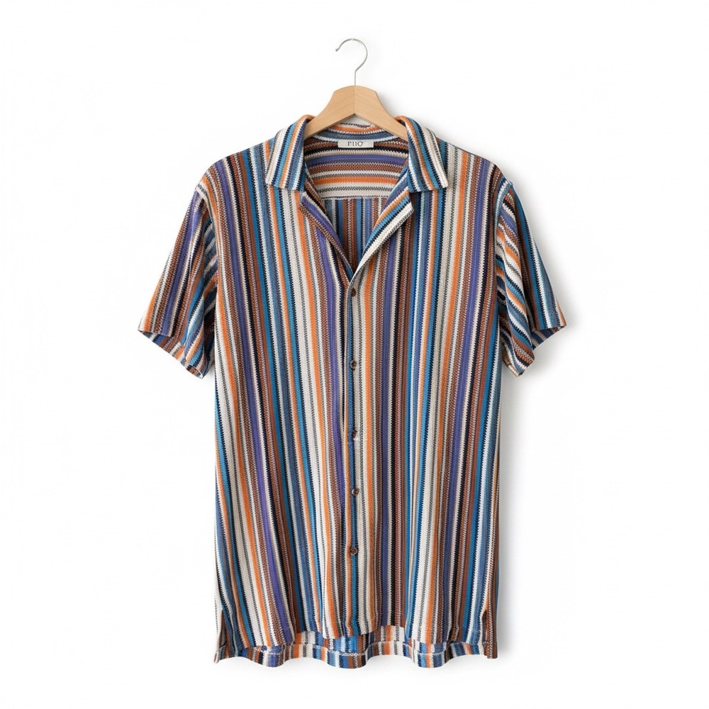 PHO Firenze Italy Vertical Stripe Knit Button Up Shirt Resort Luxury Sz L